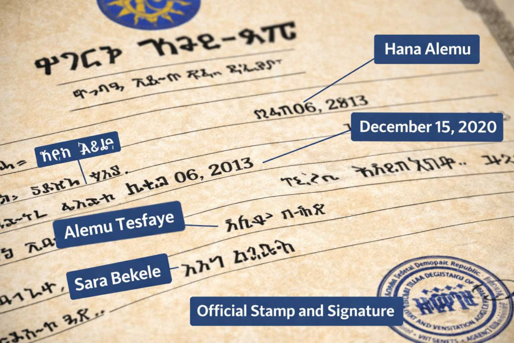 Amharic to English document translation with certification and clear formatting