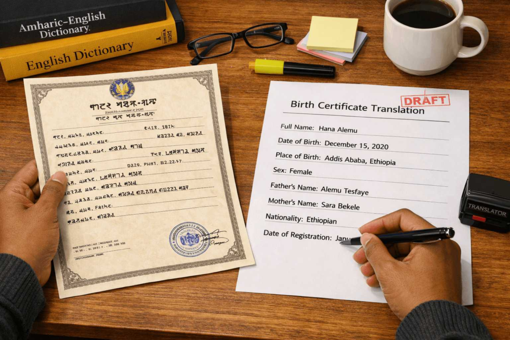 Amharic to English translation services for certified documents