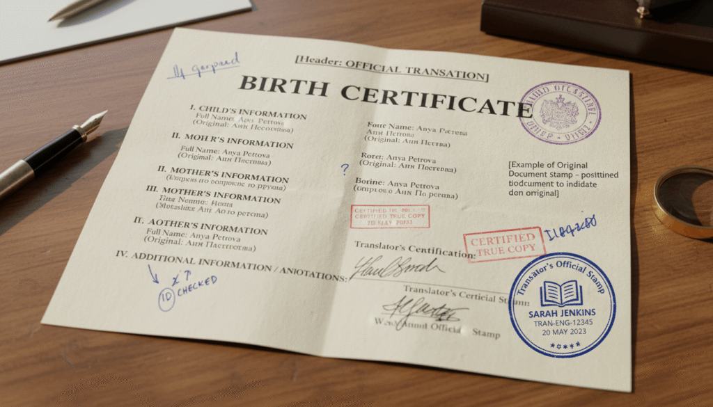 Certified translation of birth certificate including stamps and seals