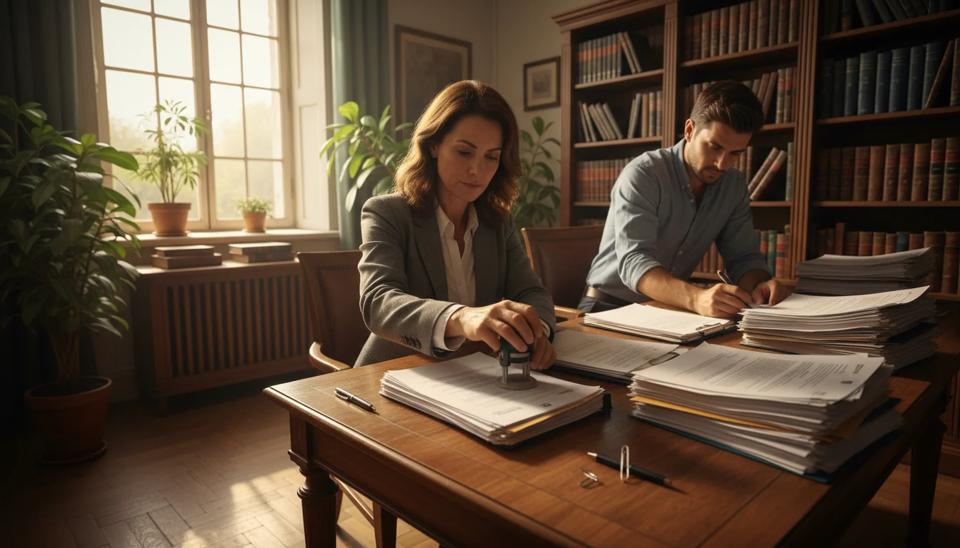 A busy office with a notary public and a translator working on documents.