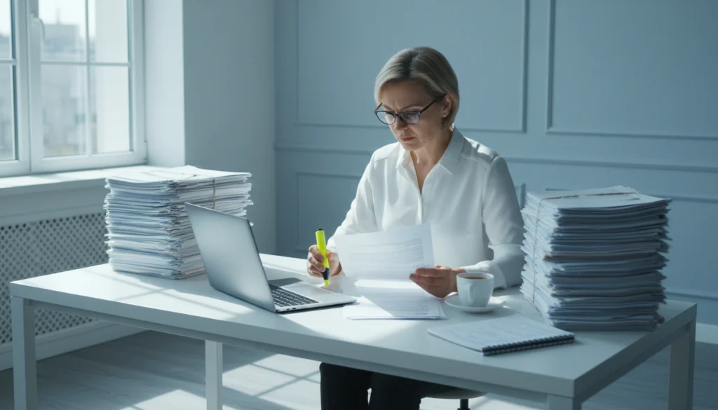 A certified translator working on documents for a professional license application at a desk.