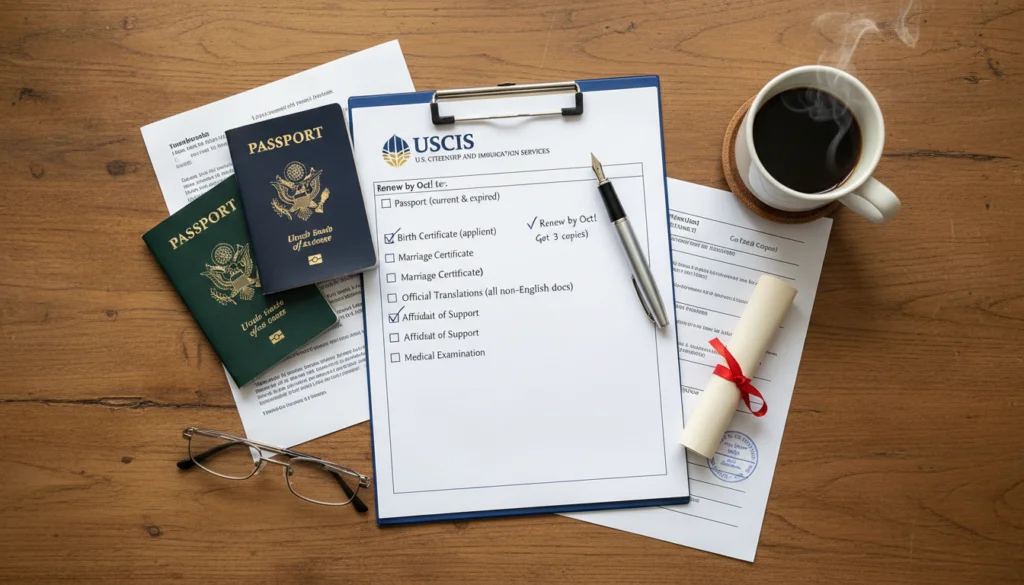 A checklist of documents with USCIS logos and translation notes on a wooden desk.
