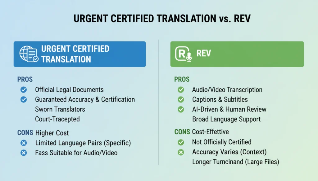 A comparison chart of certified translation and Rev services with pros and cons listed.