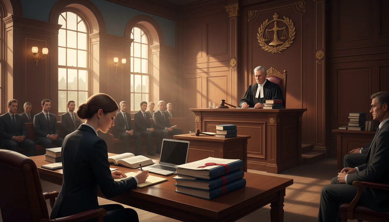 A courtroom scene with a judge, translator, and legal documents on the table.