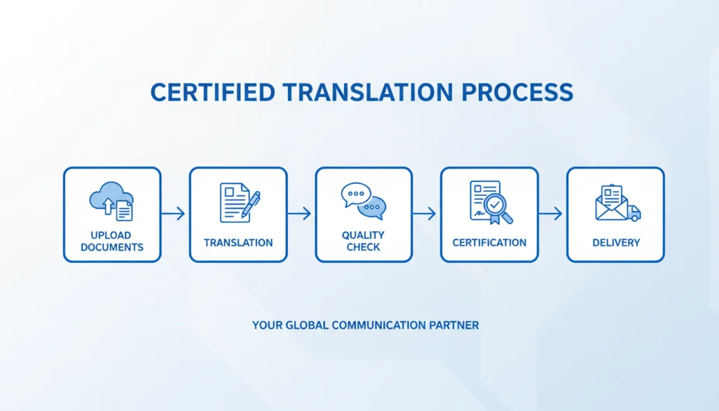 A flowchart illustrating the certified translation process from document upload to final delivery.