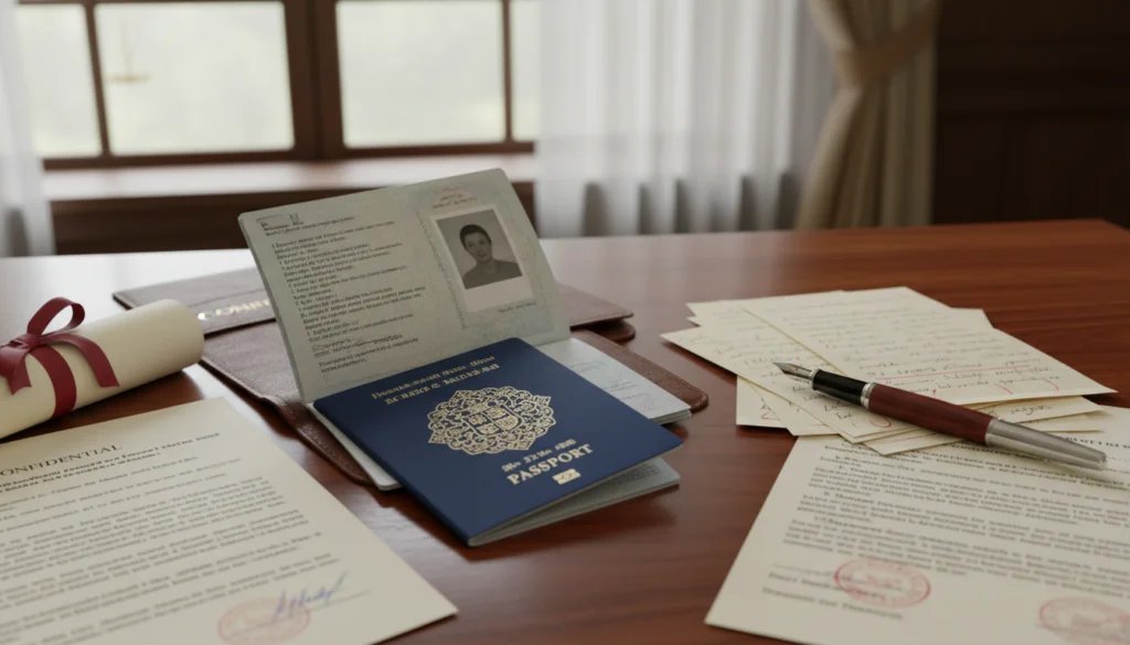 A foreign passport open on a desk with translation notes and legal documents surrounding it.
