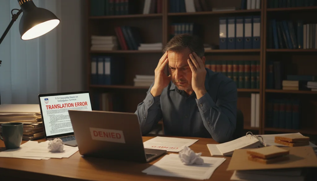 A frustrated applicant looking at a denied immigration application with a computer displaying translation errors.