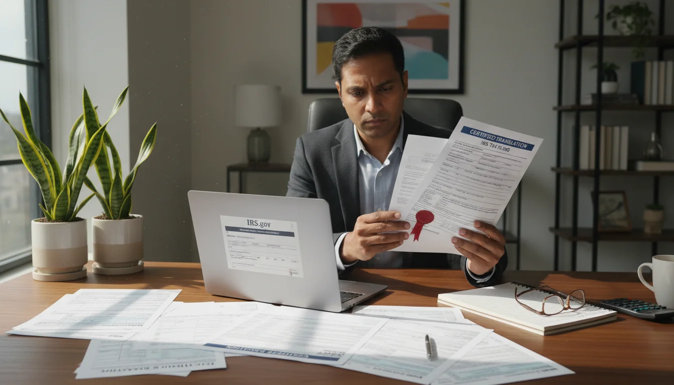 A person reviewing certified translation documents for IRS tax filing requirements.