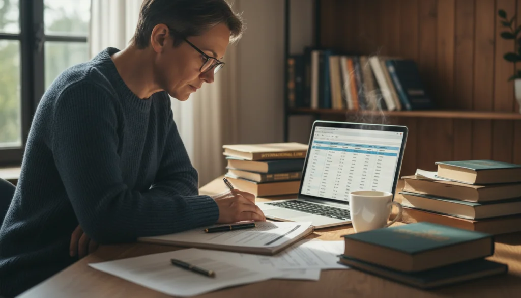 A person translating a foreign adoption decree with documents and a laptop on a desk.