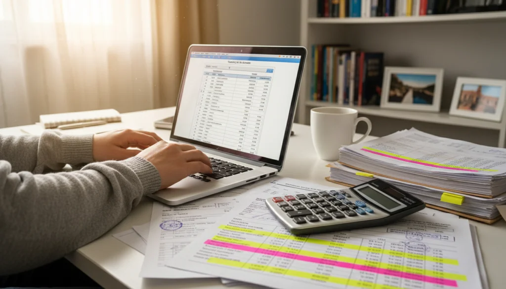 A person translating bank statements with a laptop and documents on a desk.