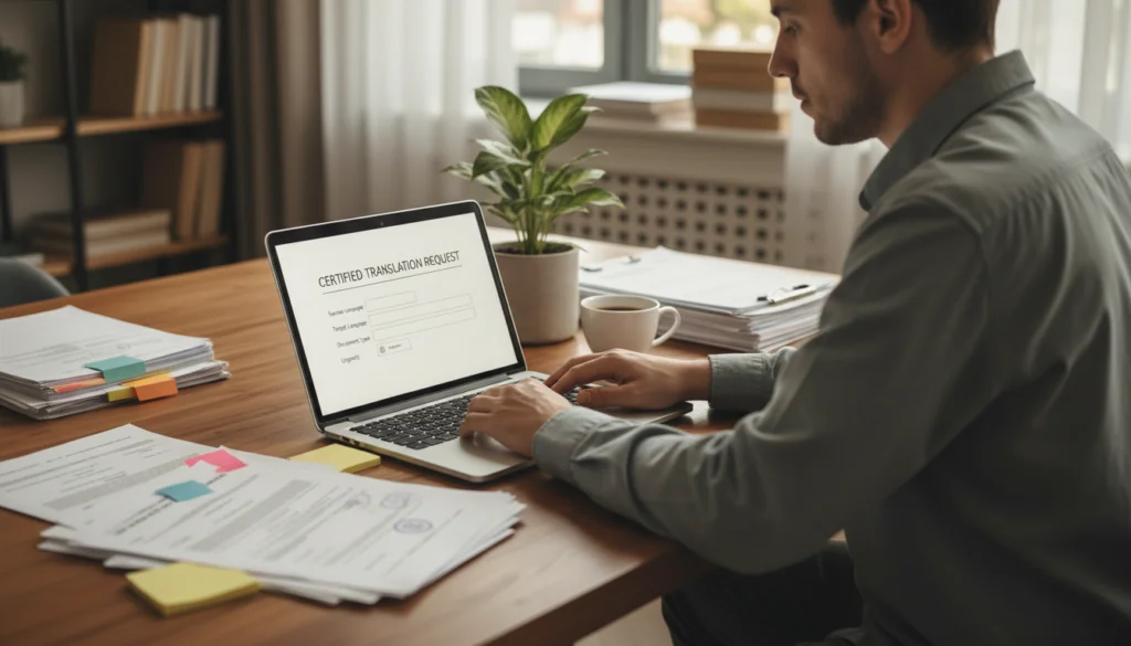 A person using a laptop to request a certified translation online, with translation documents visible.