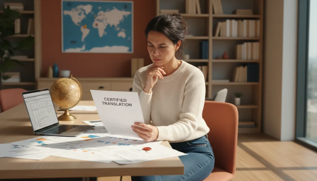 A small business owner reviewing certified translation documents for import and export.