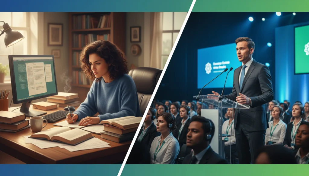 A split image showing a translator at a desk and an interpreter speaking at an event.