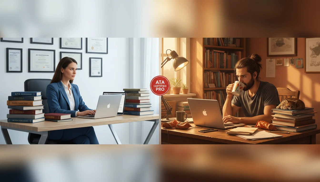 A split image showing an ATA certified translator working and a non-certified translator at a desk.