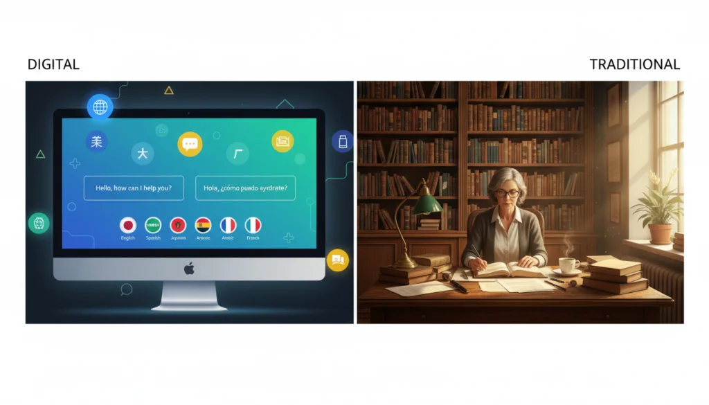 A split image showing an online translation service interface and a local translation office environment.