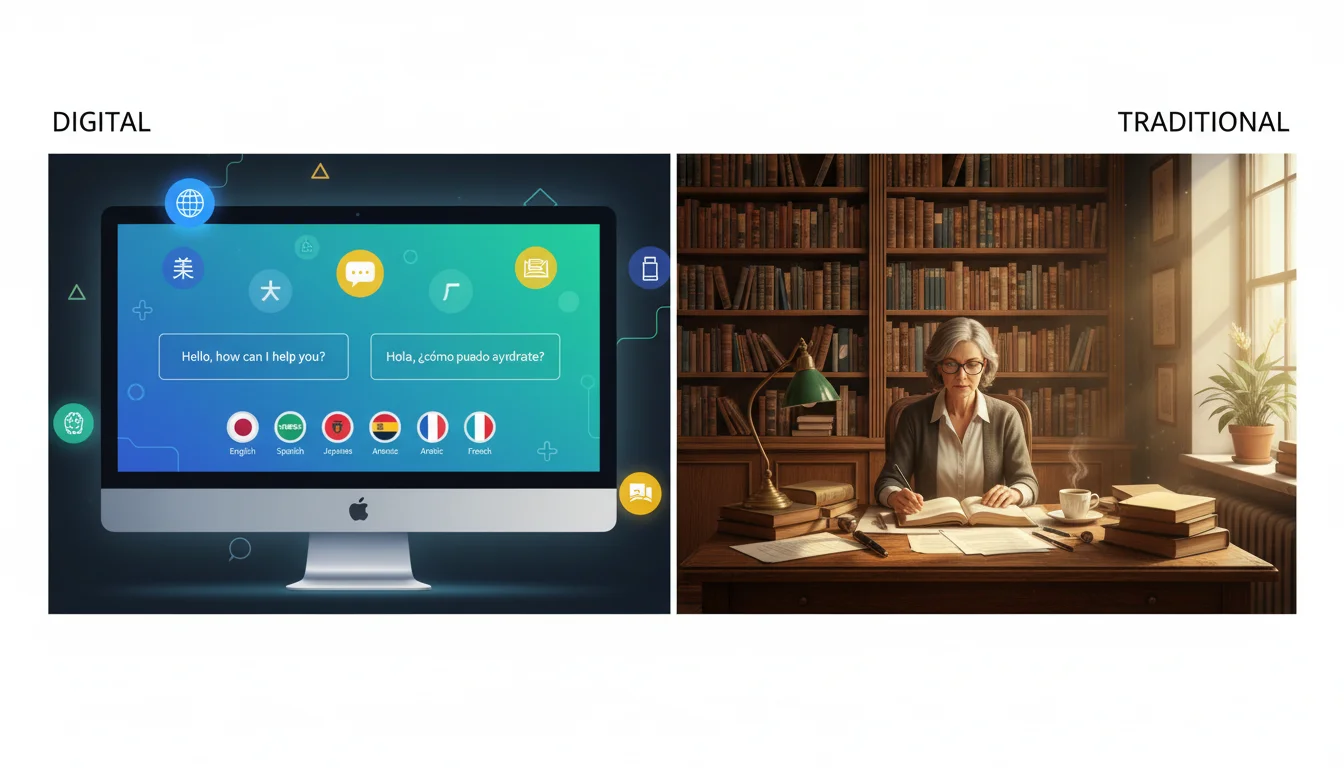 A split image showing an online translation service interface and a local translation office environment.