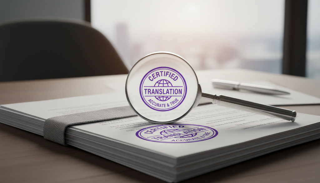 A stack of official documents with a certified translation stamp and a magnifying glass.