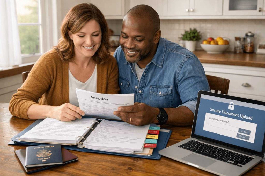 Adoptive parents preparing certified translation for adoption documents