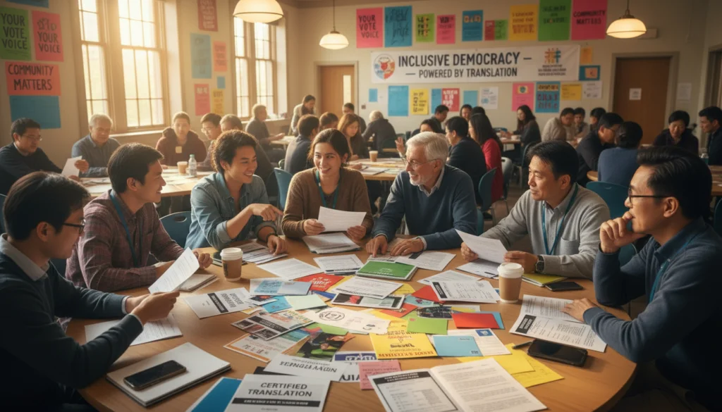 An image of diverse people discussing voting documents in a community center, with translation materials visible.