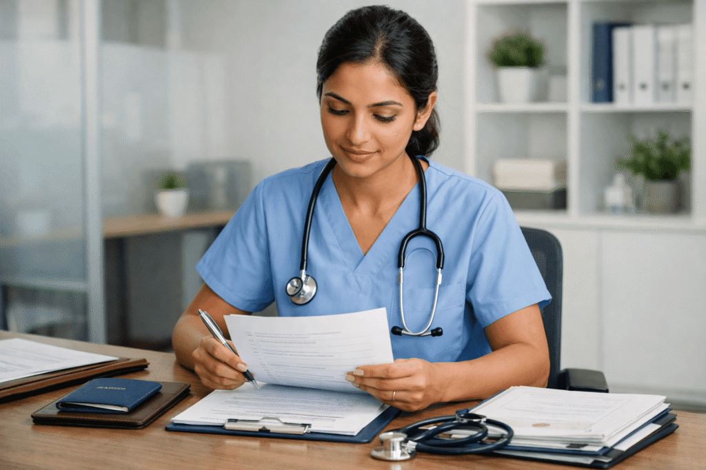 An international nurse reviewing translated documents and credential paperwork for moving to the USA