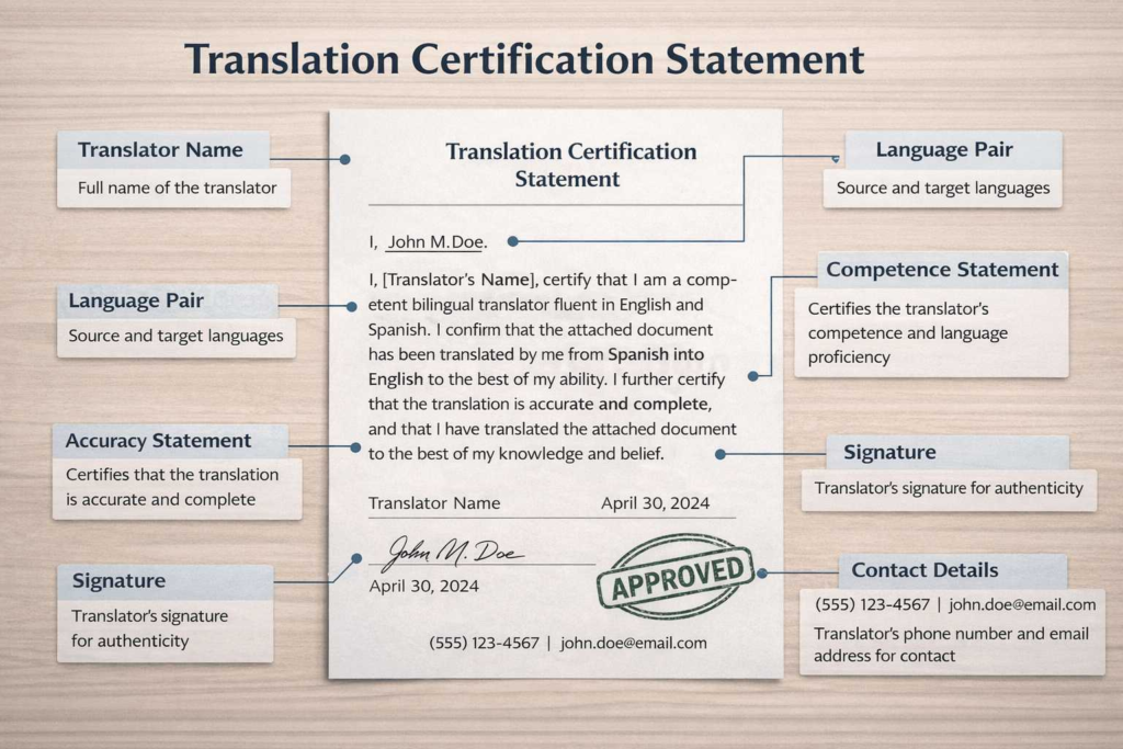 Annotated sample of a translation certification statement showing required elements