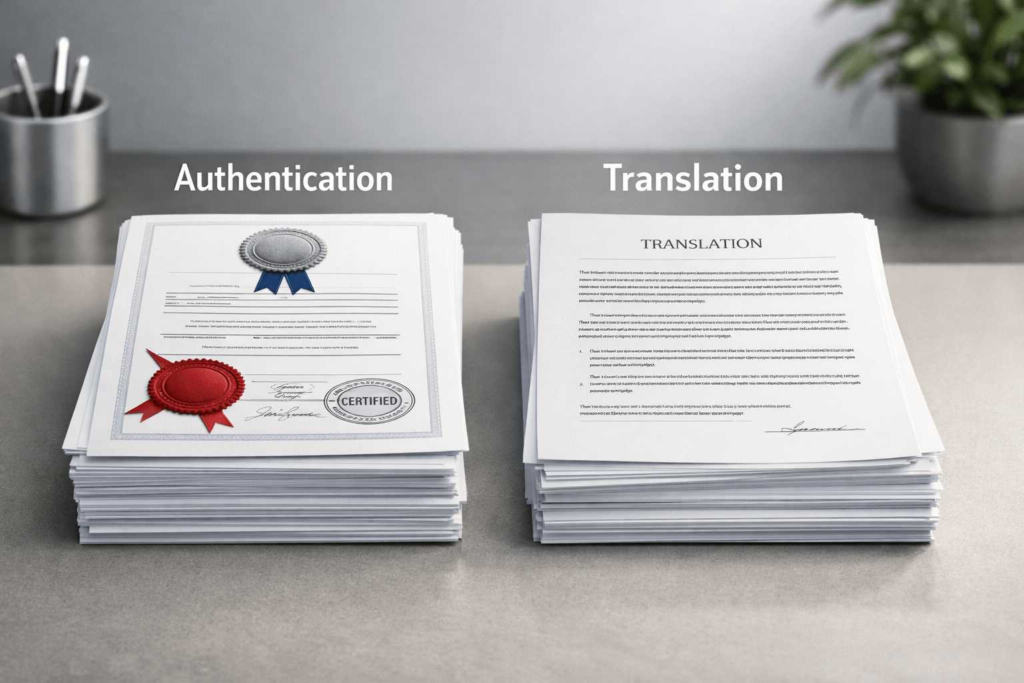 Apostille and certified translation shown as two distinct document steps for international submissions