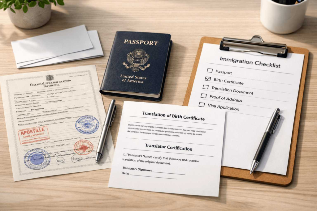 Applicant preparing a USCIS document translation with a certification statement and checklist.
