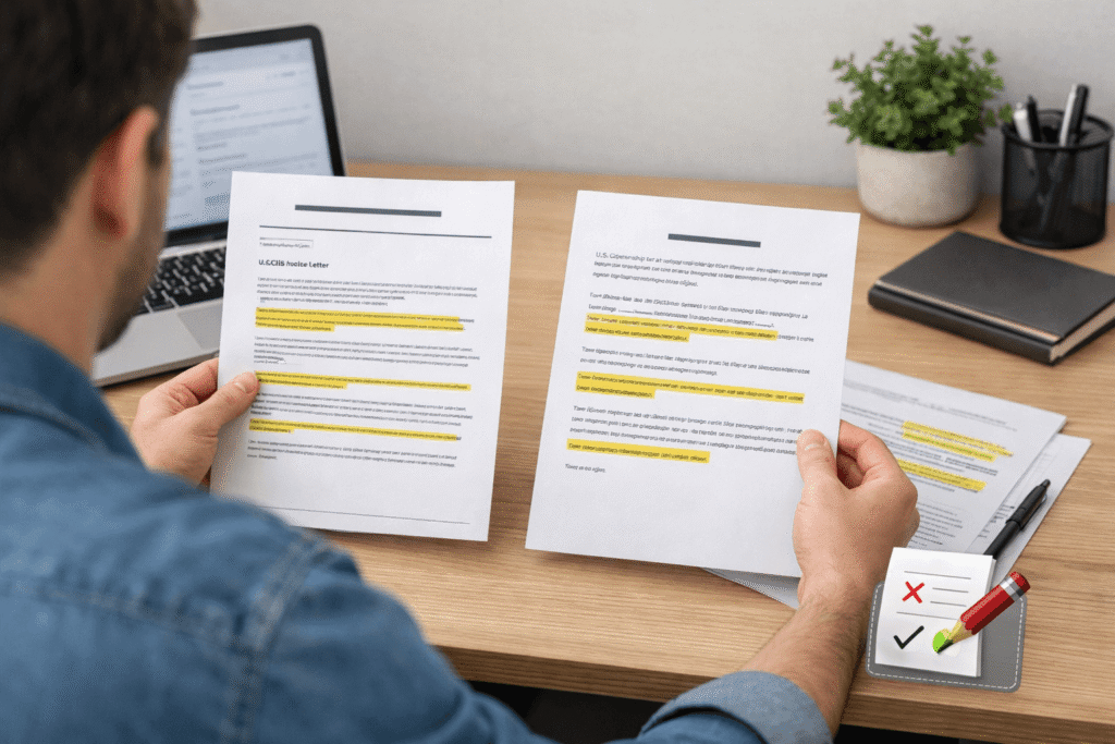 Applicant reviewing a USCIS notice and corrected certified translation at a desk