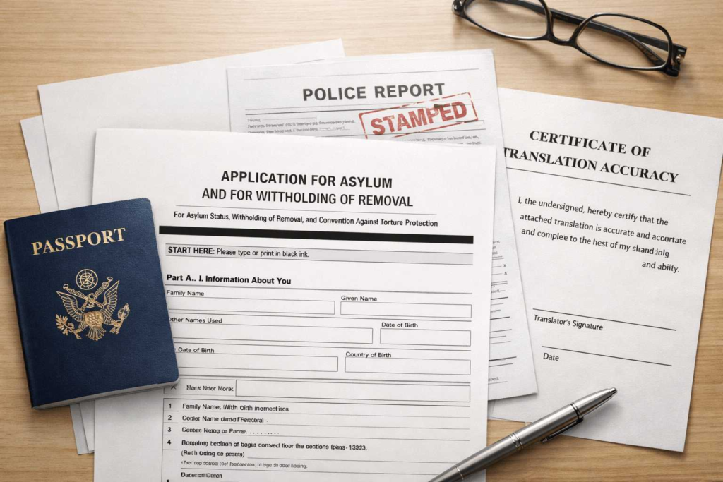 Asylum application documents with certified English translation certificate
