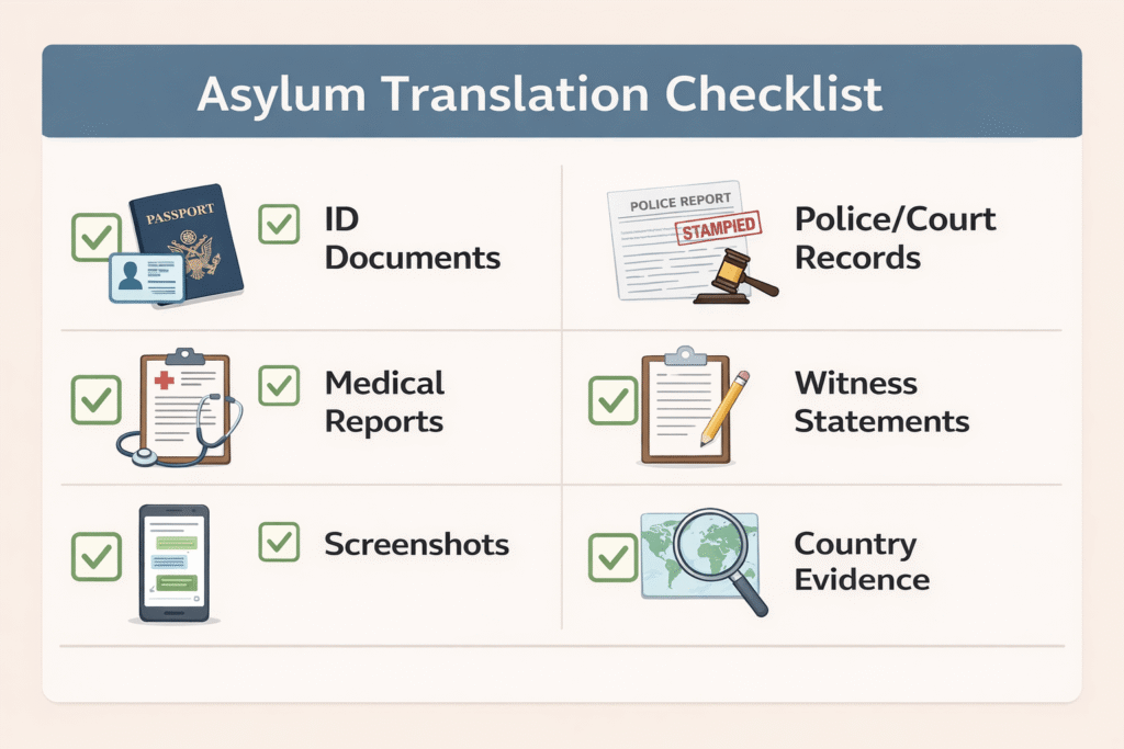 Asylum translation checklist infographic for evidence documents