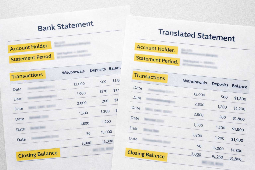 Bank statement translation for USCIS showing translated headings and transaction labels