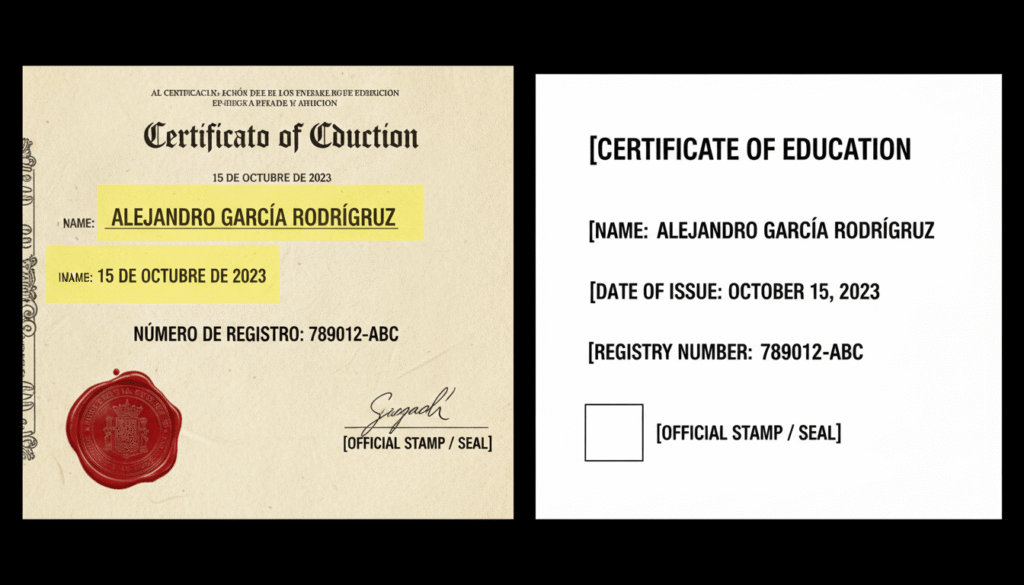 Before and after example showing how Social Security document translations match originals