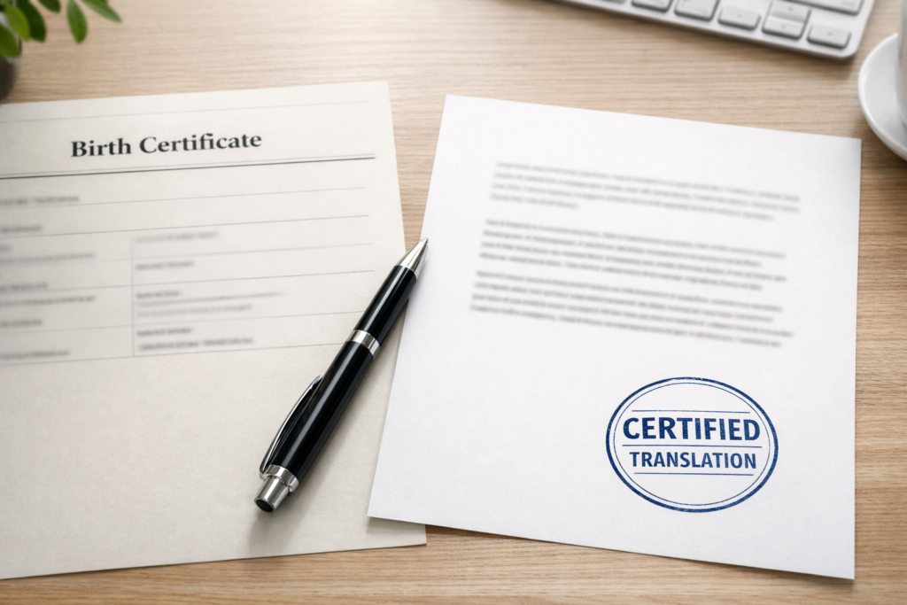 Birth certificate and certified translation prepared for official submission