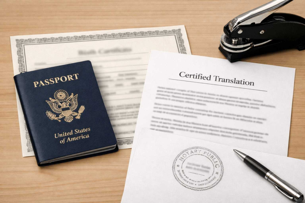 Birth certificate translation for passport application with certified and notarised documents