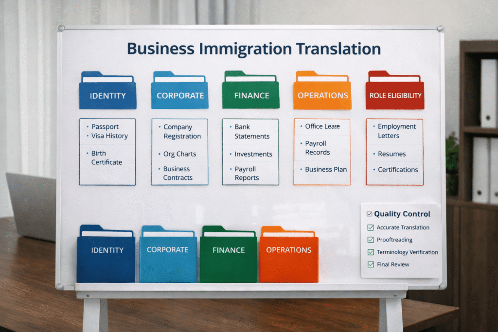 Business immigration translation workflow showing document categories for L 1 and E 2 visa evidence