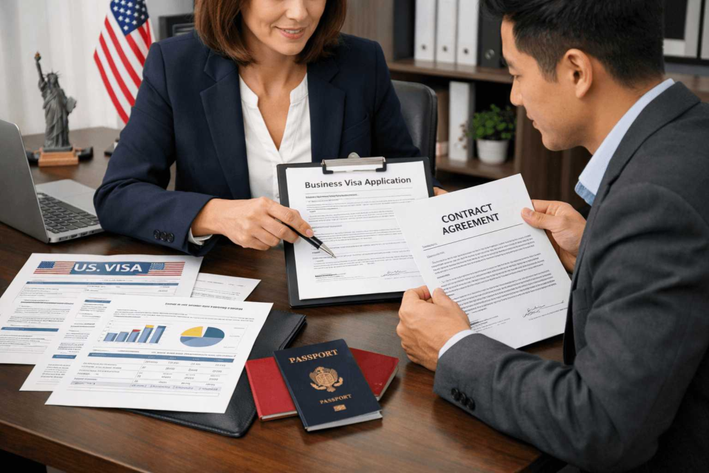 Business visa applicant and legal advisor reviewing translated corporate documents for an L 1 or E 2 visa case