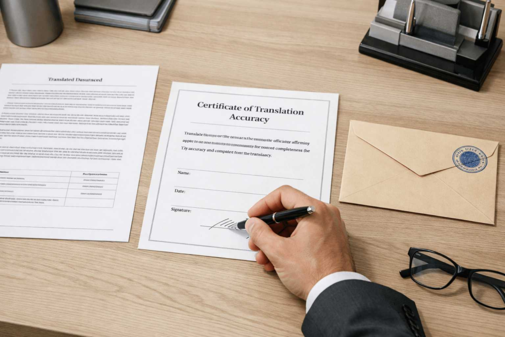 Certificate of translation accuracy being signed and attached to a certified translation