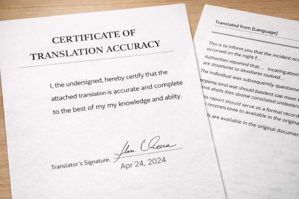Certified translation certificate statement for asylum documents