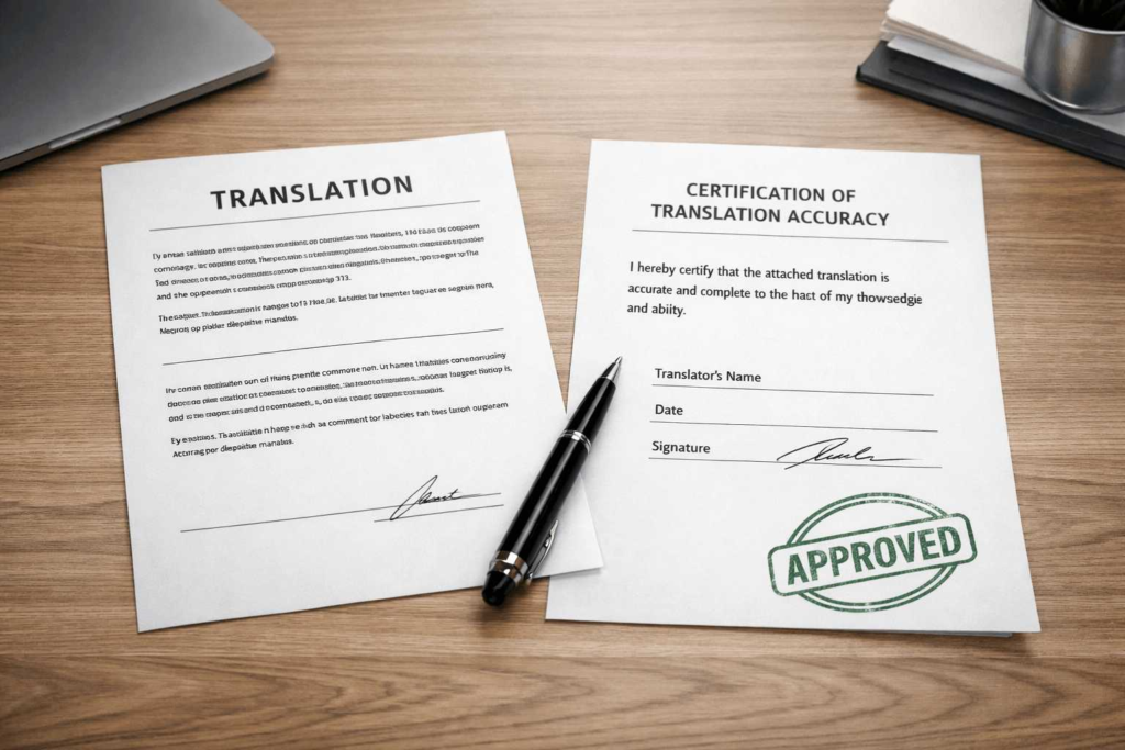 Certified translation document with attached certification statement on a professional desk
