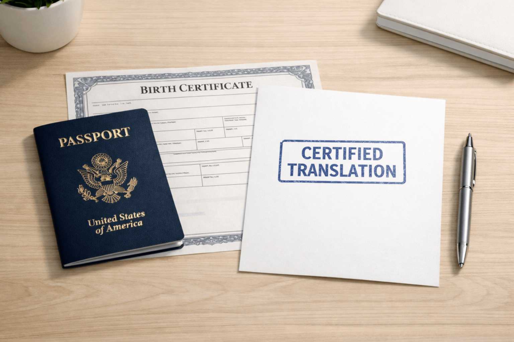 Certified translation documents on a desk with a stamped cover sheet