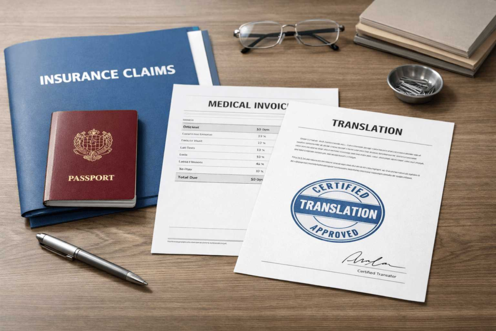 Certified translation for insurance claims with claim documents neatly organised