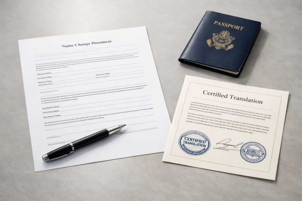 Certified translation for name change document alongside passport and certification page