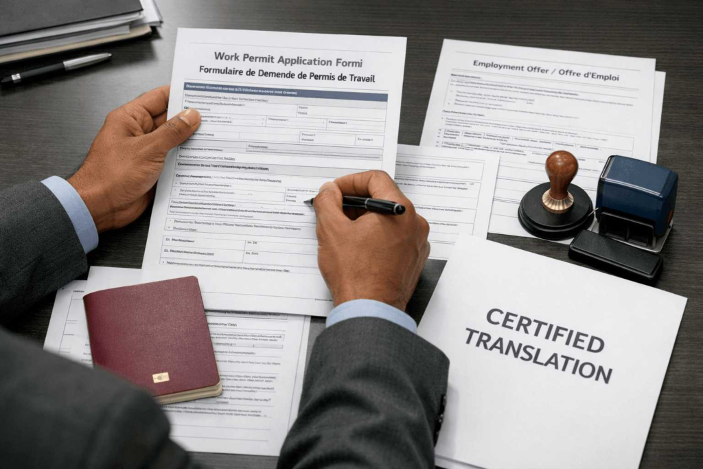 Certified translation for work permit application documents on a desk