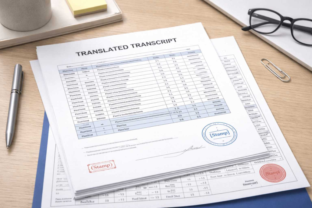 Certified translation layout matching an academic transcript table structure