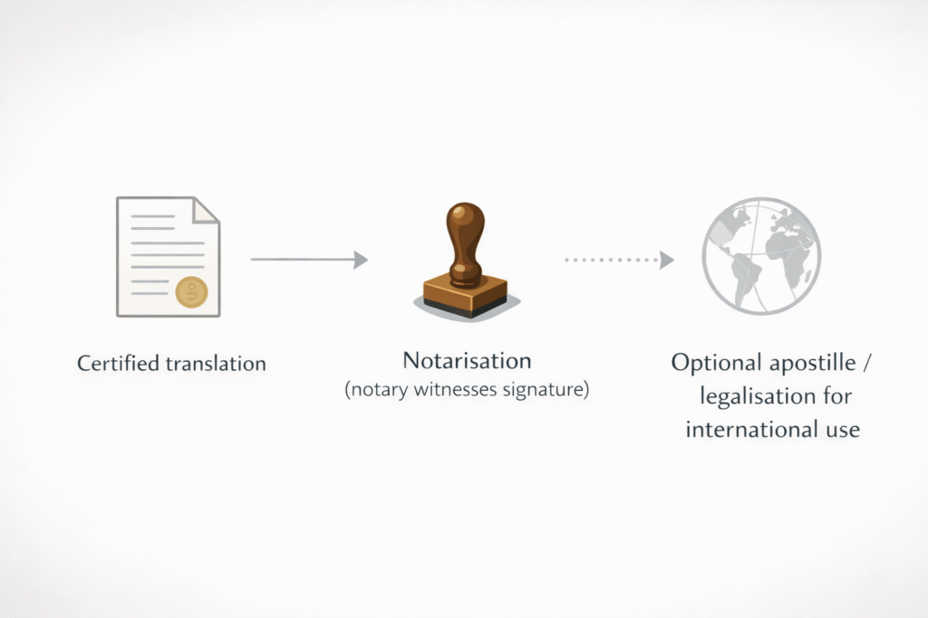 Certified translation, notarisation, and apostille flow for international document use