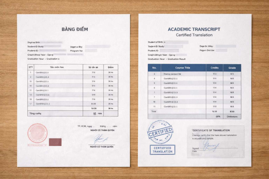 Certified translation of an academic transcript shown next to the original for university admission
