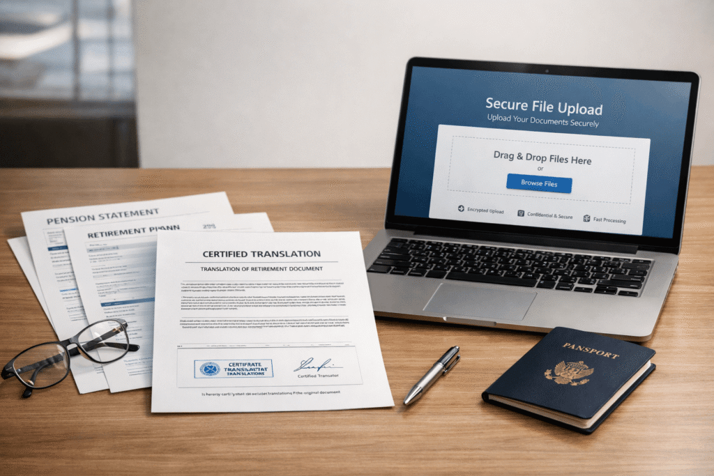 Certified translation of pension and retirement documents on a desk with official papers and a laptop