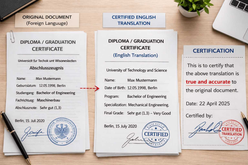 Certified translation package with original document, English translation, and signed certification statement