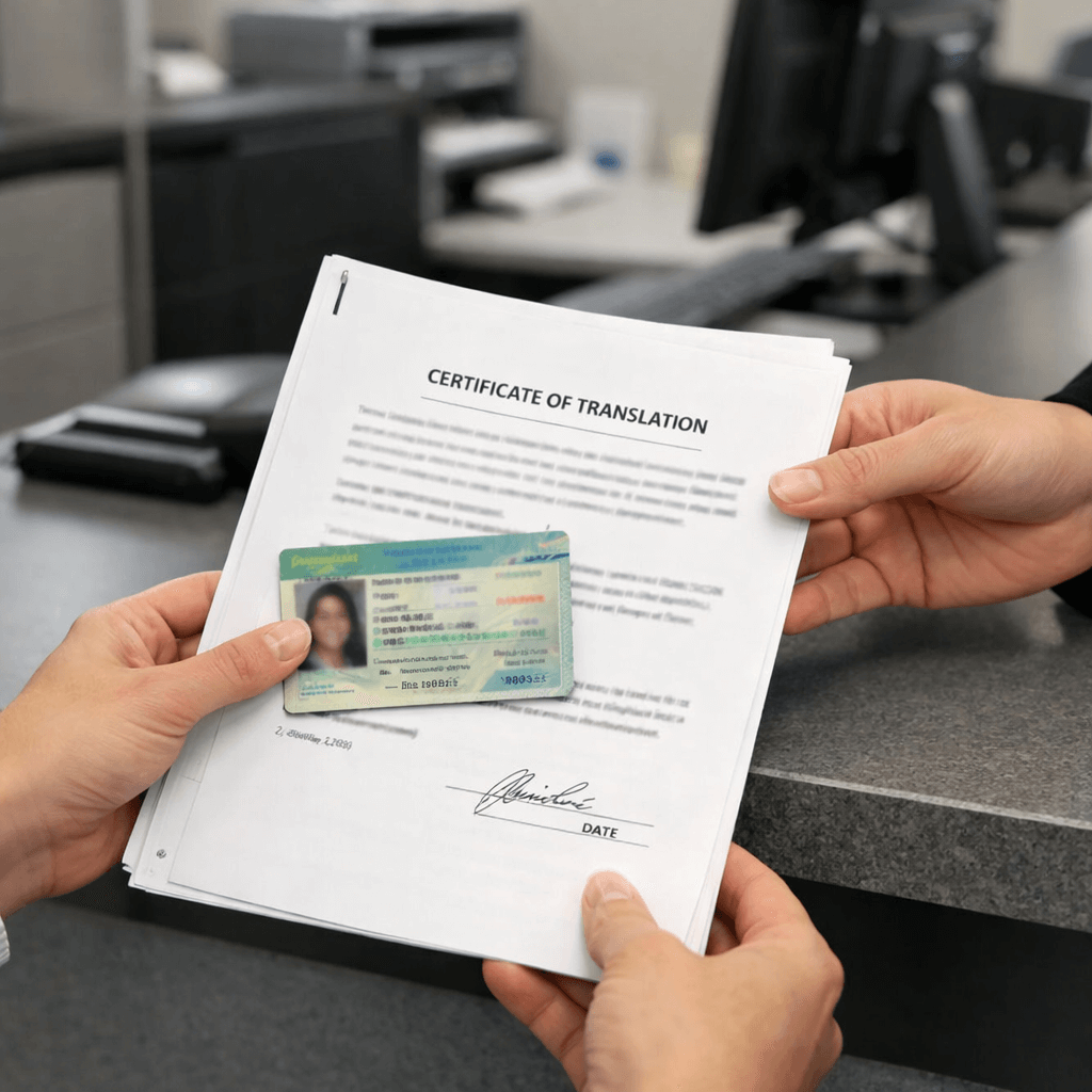 Certified translation packet for a foreign driver’s license at a DMV counter
