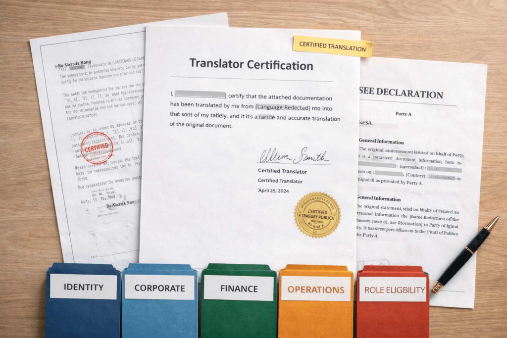 Certified translation packet with translator certification and formatted pages for U.S. immigration filing